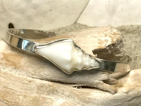 Sterling Silver Cuff Bracelet: Bezel-Set Juvenile Fighting Conch Shell