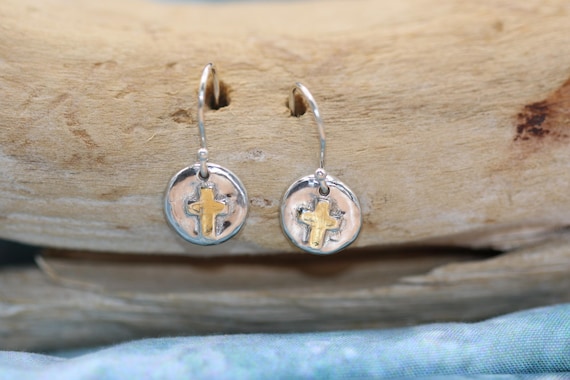 Sterling and Fine Silver with 22K Gold  Plated Cross Earrings