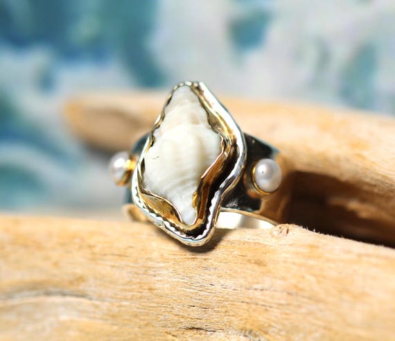 Wide Sterling Silver Ring: Natural Apple Murex Shell in Warm Brass Bezel size 8
