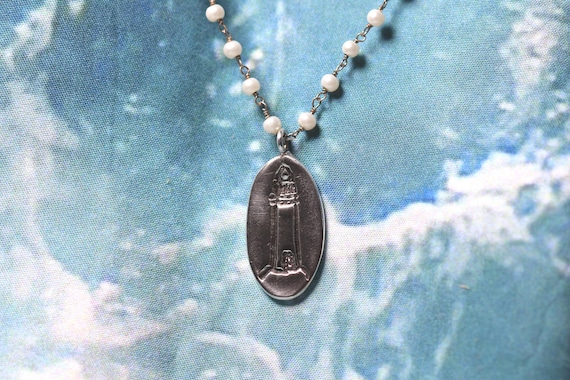 Sterling Silver Rosary Chain Necklace, White pearl beads, Embossed Lighthouse Pendant.