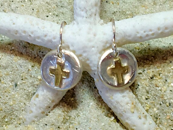 Sterling and Fine Silver with 22K Gold  Plated Cross Earrings