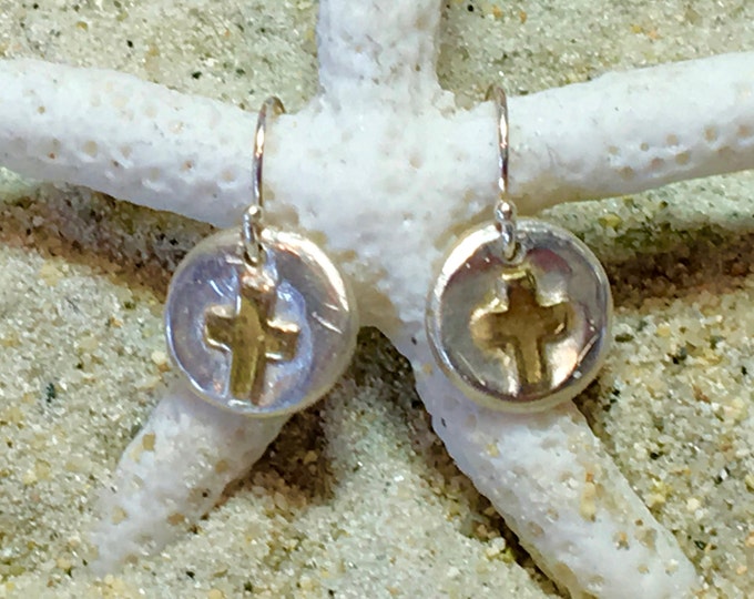 Sterling and Fine Silver with 22K Gold  Plated Cross Earrings