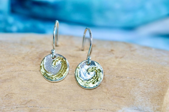 Handmade Sterling Silver Coin Earrings with 22k Gold Plated Wave