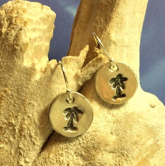 Sterling and Fine Silver Antiqued Palm Tree Disk Earrings
