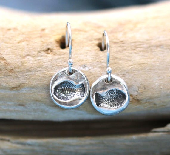Handmade Earrings • Sterling Silver • Precious Metal Clay • Antiqued Fish Design • Coin Shaped