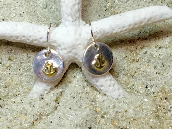 Handmade Sterling Silver Coin Earrings, 22k Gold Plated Anchor