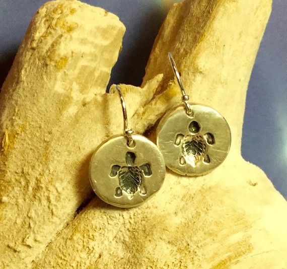 Sterling and Fine Silver Antiqued Turtle Disk Earrings