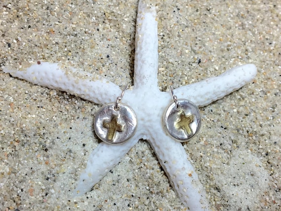 Handmade, Sterling Silver, Coin Earring, 22k Gold Plated Painted Cross