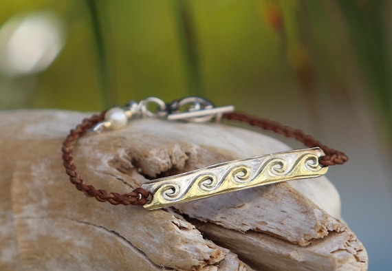 Brown Braided Leather Bracelet • Sterling Silver Bar with Gold Painted Waves