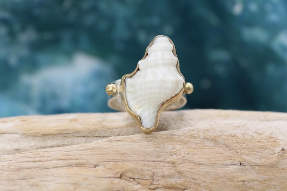 Sterling Silver Apple Murex Shell Ring | Brass Bezel Shell Ring | Handmade Ocean Jewelry | Coastal Ring | Beach Lover Gift