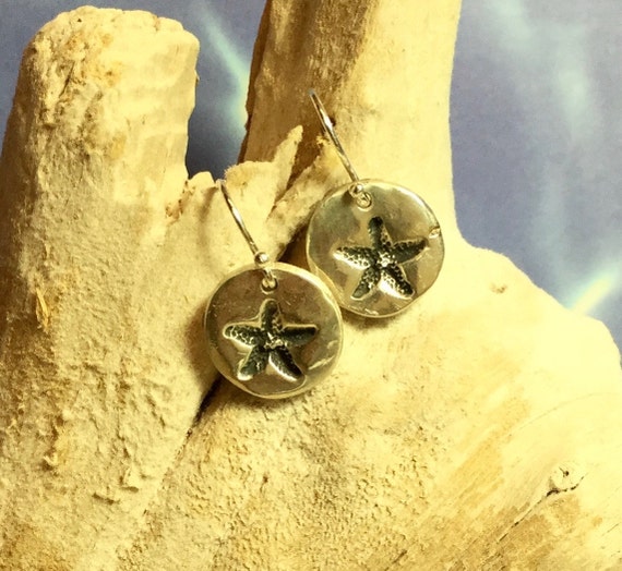 Sterling and Fine Silver Antiqued Starfish Disk Earringss