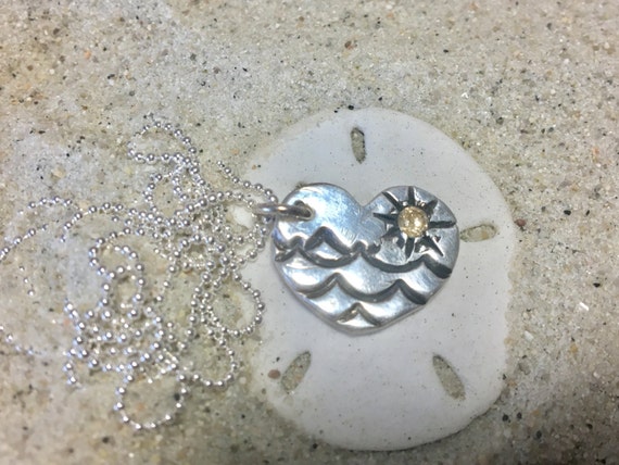 Fine Silver (.99%) Heart Pendant with Antiqued Waves and 3mm Gold CZ Sun. Sterling 16" 18" or 20" Chain