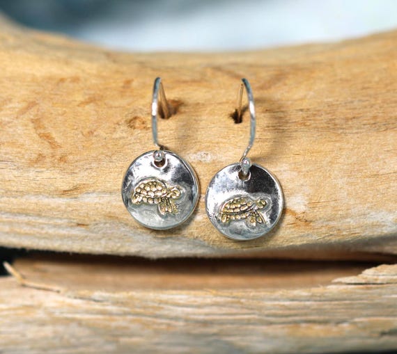 Coin Shape Sterling Silver Earring with 22k Gold Painted Turtle • Handmade