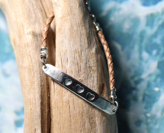 Handmade Sterling Silver Bar Bracelet with Antiqued Hearts and Tan Braided Band