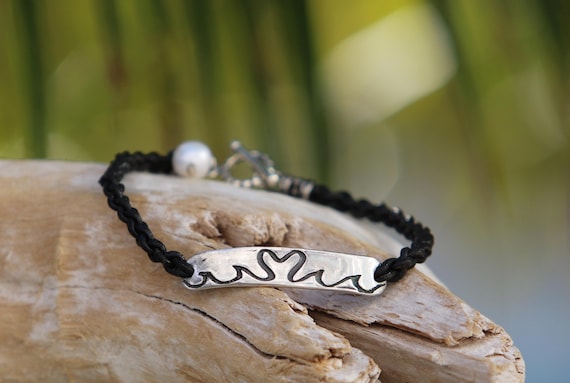 Black Braided Leather Band • Sterling Silver Bar with a Antiqued Whimsical Wave and Heart