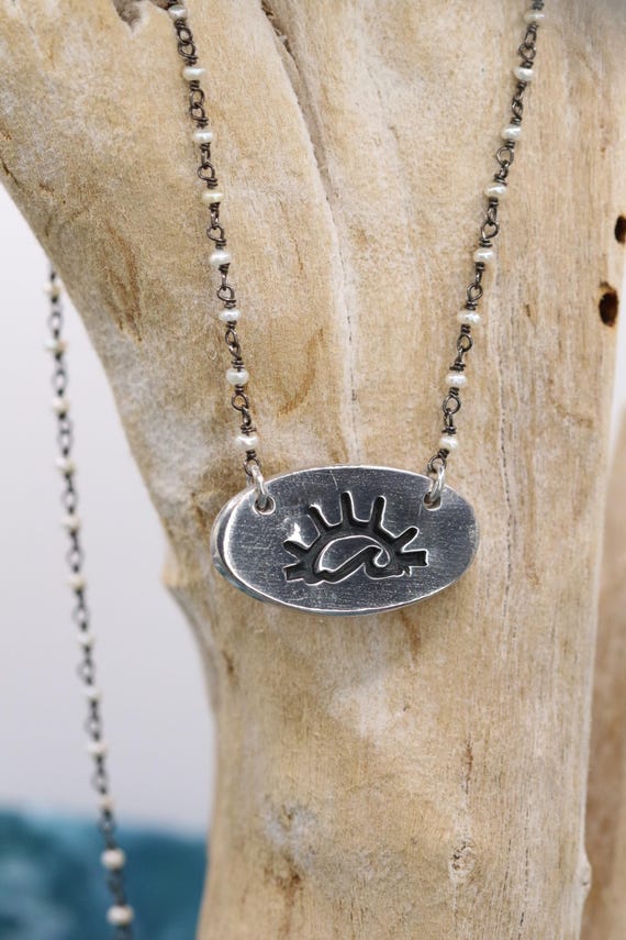 Sterling Silver Wave and Sun Necklace with Freshwater Pearls, 18-20" Chain, 15mm Pendant