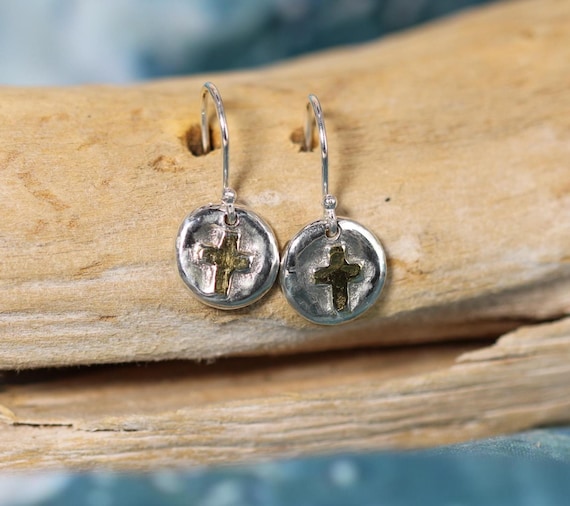 Handmade, Sterling Silver, Coin Earring, 22k Gold Plated Painted Cross