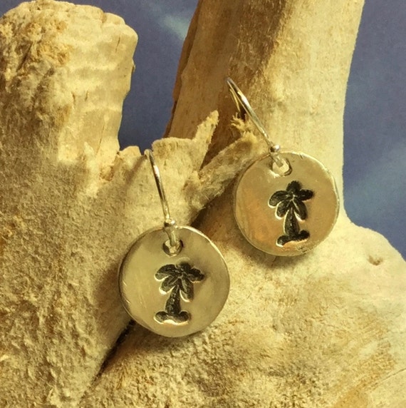 Sterling and Fine Silver Antiqued Palm Tree Disk Earrings
