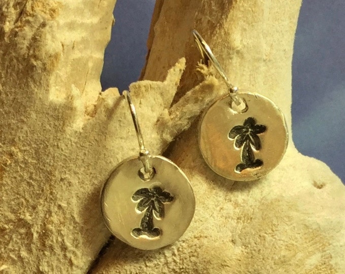 Sterling and Fine Silver Antiqued Palm Tree Disk Earrings