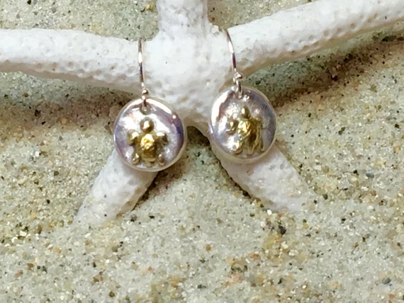 Sterling and Fine Silver 22K Gold Plated Turtle Coin Earrings