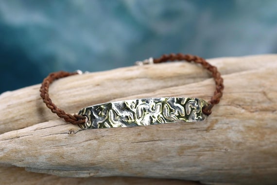 Sterling Silver Bar Bracelet • Brown Braided Leather Band • 22k Gold Painted Coral