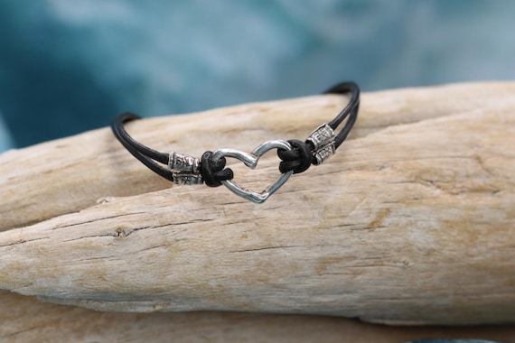 Sterling Silver Heart Leather Bracelet, 6.5-Inch Handcrafted, Rustic Coastal Band