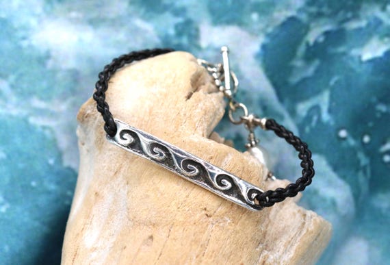 Black Braided Leather Bracelet • Sterling Bar with Antiqued Row of Waves