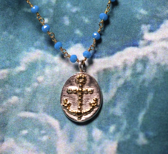 Sterling Pendant Necklace, 22k Gold Painted Anchor, Gold-filled Rosary Chain, Blue Gems.