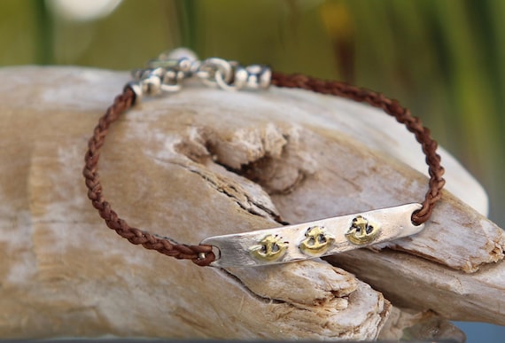 Brown Braided Leather Bracelet • Sterling Silver Bar with 22k Gold Painted Anchors
