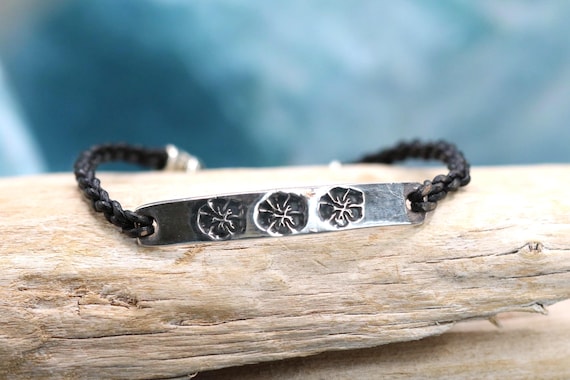 Black Braided Leather Band • Sterling Silver Bar with Antiqued Hibiscus