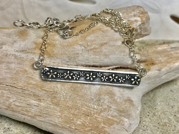 Fine Silver Bar Floral Necklace with Sterling Chain and Raised Flowers
