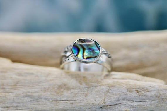 Sterling Silver Band Antiqued with Ocean Life • Bezel Set Paua Shell