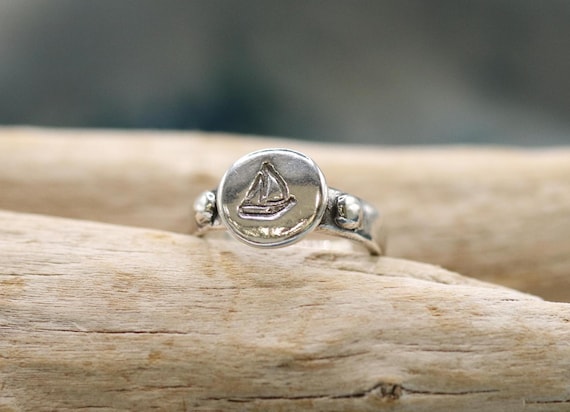 Coin ring, sailboat, nautical, sterling silver, antiqued
