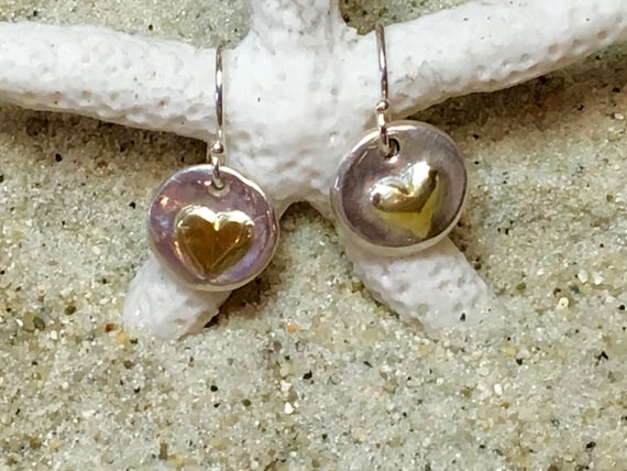 Sterling and Fine Silver with 22K Gold Plated Heart Coin Earrings