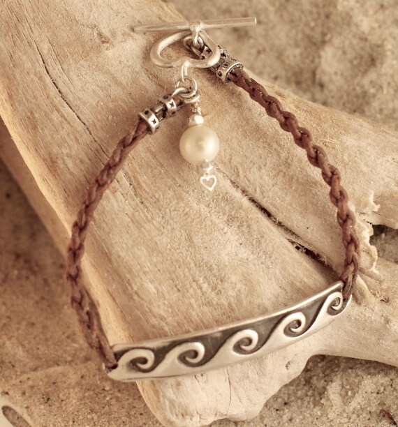 Braided Leather with Fine Silver Bar Antiqued Wave Bracelet with Heart Toggle and Pearl Charm 7"