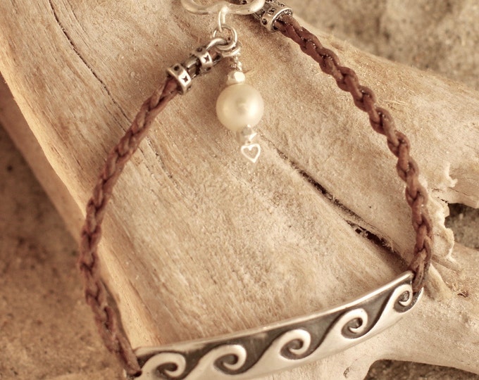 Braided Leather with Fine Silver Bar Antiqued Wave Bracelet with Heart Toggle and Pearl Charm 7"