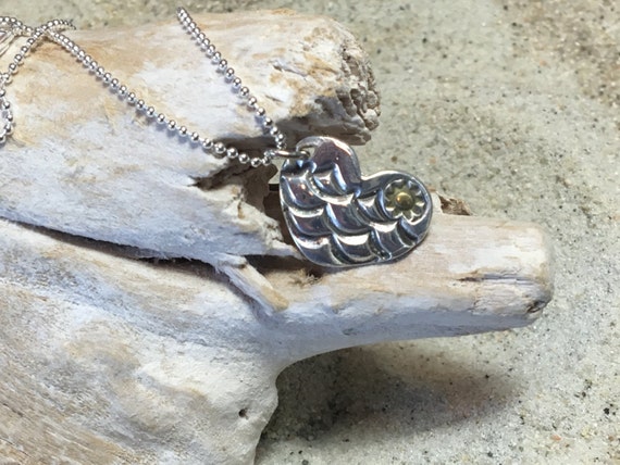 Fine Silver (.99%) Heart Pendant/Necklace with Antiqued Waves and Plated 22k Gold Sun on SS Ball Chain