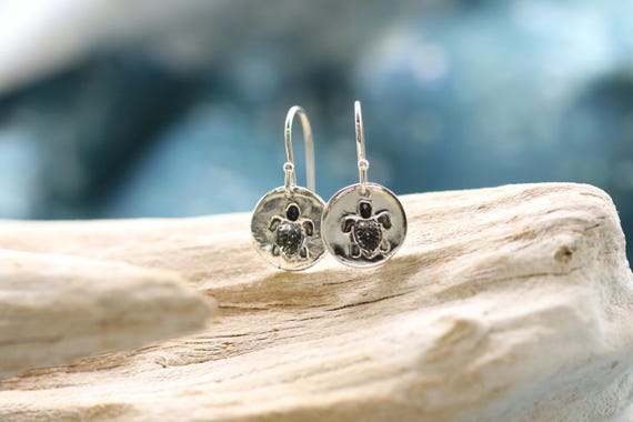 Sterling and Fine Silver Antiqued Turtle Disk Earrings