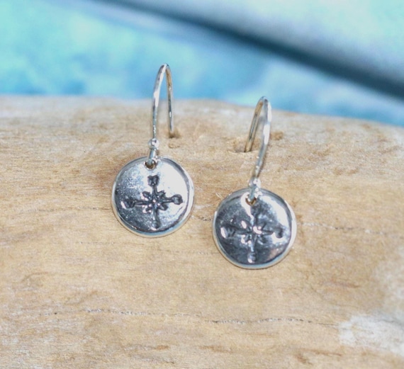 Handmade Earrings • Sterling Silver • Precious Metal Clay • Antiqued Compass Design • Nautical