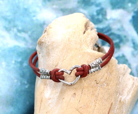Red Leather Bracelet, Handmade with Sterling Silver Heart, 7-Inch