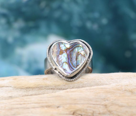 Sterling Silver Paua Shell Heart Ring | Ocean Inspired Jewelry | Handmade Shell Ring | Beach Lover Gift