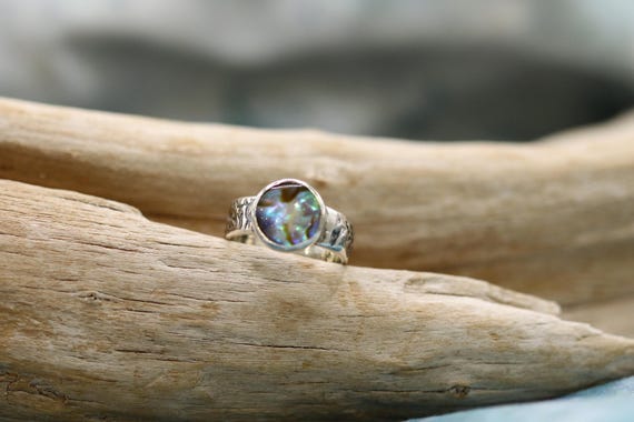 Sterling silver band, sea lovers, bezel set, abalone shell, size 7