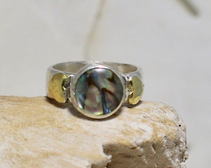 Handmade Fine Silver Ring with Bezel Set Paua Shell and Gold Plated Hearts