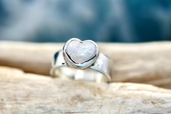 Handmade Sterling Silver Ring with Bezel set Mother of Pearl Heart