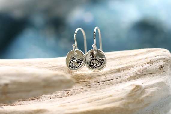 Sterling and Fine Silver Antiqued Whimsical Whale Disk Earrings