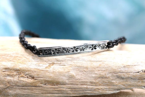 Black Leather Braided Bracelet • Sterling Silver Antiqued Floral Bar