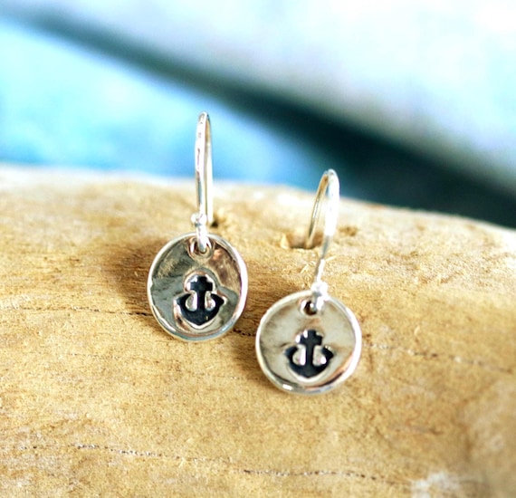 Sterling and Fine Silver Antiqued Anchor Disk Earrings