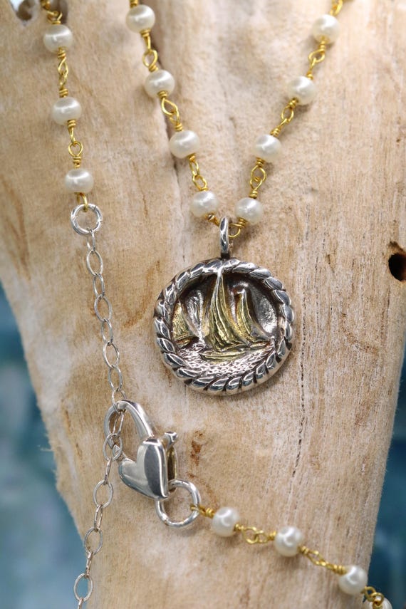 Handmade Nautical Necklace, Antiqued Sterling Silver Pendant, Gold-filled & Pearl-like Beads with Sailboat Accents