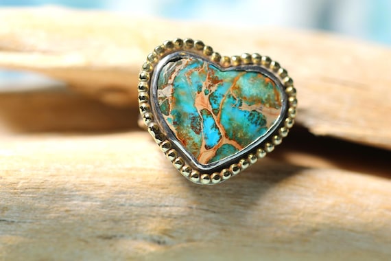 Sterling Silver Ring: Turquoise Heart Bezel Set, Hammered Band, Brass Detail