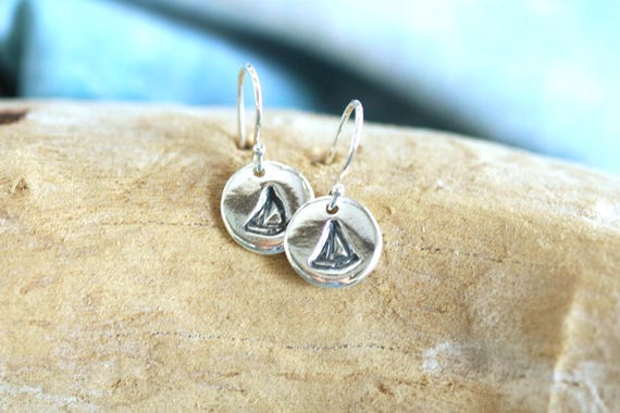 Sterling and Fine Silver Antiqued Sailboat Disk Earrings.